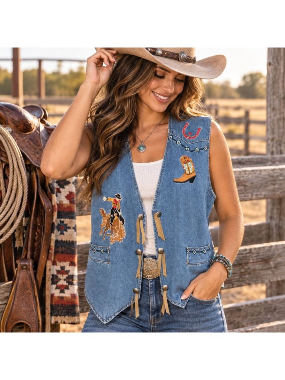 VTG Cambridge Dry Goods Western Denim Vest Womens L Embroidered Rodeo Cowgirl 90